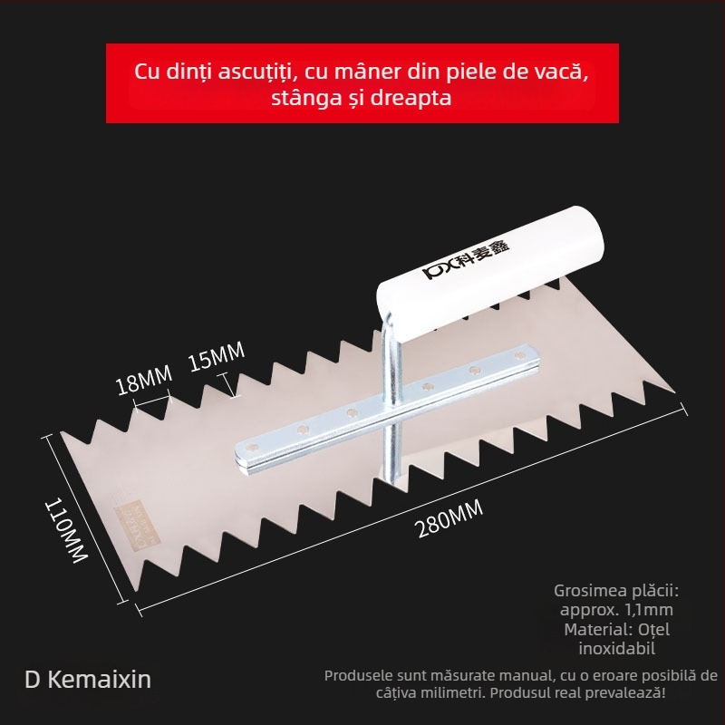 Spatlu de tencuială din oțel inoxidabil, lamă plată, dinți, marca Kemaixin