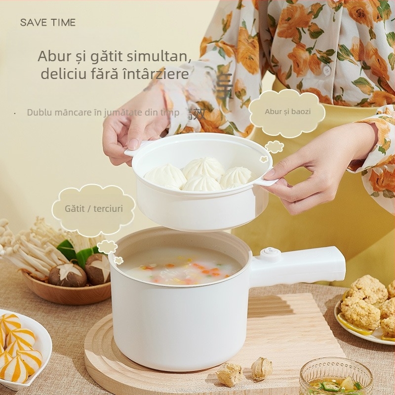 Oală electrică multifuncțională mică pentru uz casnic, capacitate 1–2 L, sub 800W, funcții: abur, fierbere, oală fierbinte, protecție împotriva uscării