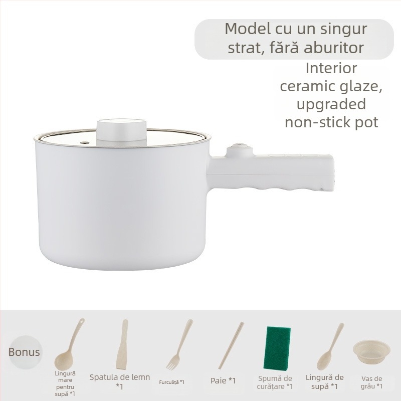 Oală electrică multifuncțională mică pentru uz casnic, capacitate 1–2 L, sub 800W, funcții: abur, fierbere, oală fierbinte, protecție împotriva uscării