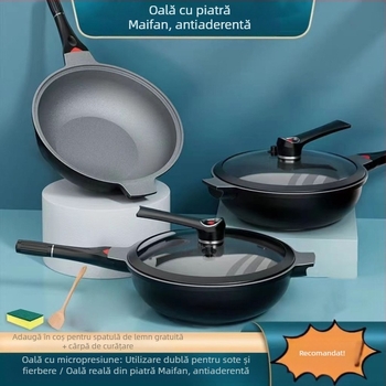 Wok din aliaj de aluminiu, bază multi-strat, capac din oțel inoxidabil cu geam, compatibil cu gaz și aragaz cu inducție, model W21, greutate 1,5 kg