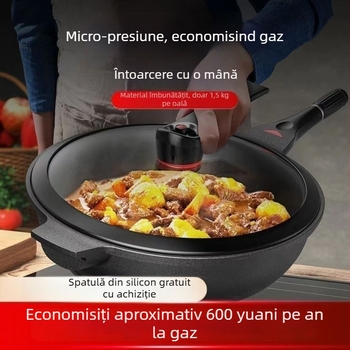 Wok din aliaj de aluminiu, bază multi-strat, capac din oțel inoxidabil cu geam, compatibil cu gaz și aragaz cu inducție, model W21, greutate 1,5 kg
