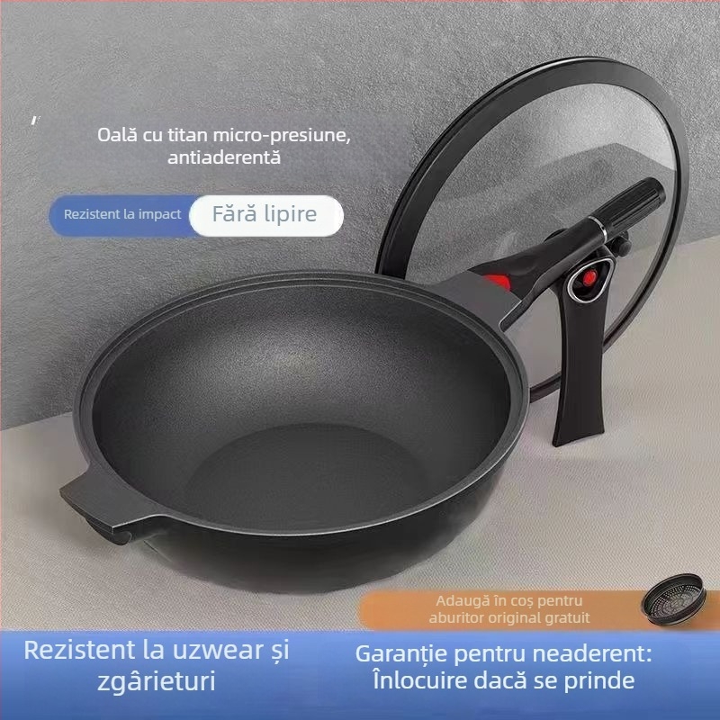 Wok din aliaj de aluminiu, bază multi-strat, capac din oțel inoxidabil cu geam, compatibil cu gaz și aragaz cu inducție, model W21, greutate 1,5 kg