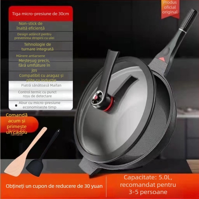 Wok din aliaj de aluminiu, bază multi-strat, capac din oțel inoxidabil cu geam, compatibil cu gaz și aragaz cu inducție, model W21, greutate 1,5 kg