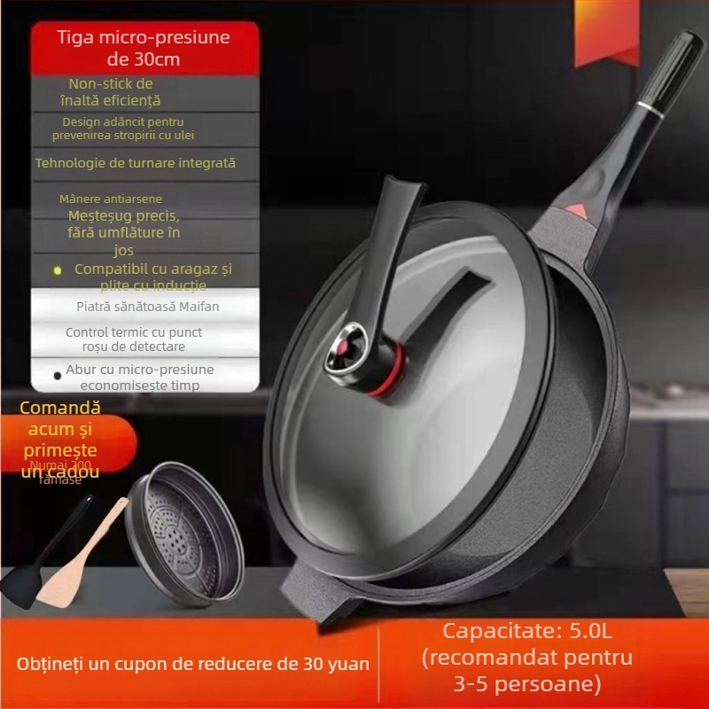 Wok din aliaj de aluminiu, bază multi-strat, capac din oțel inoxidabil cu geam, compatibil cu gaz și aragaz cu inducție, model W21, greutate 1,5 kg