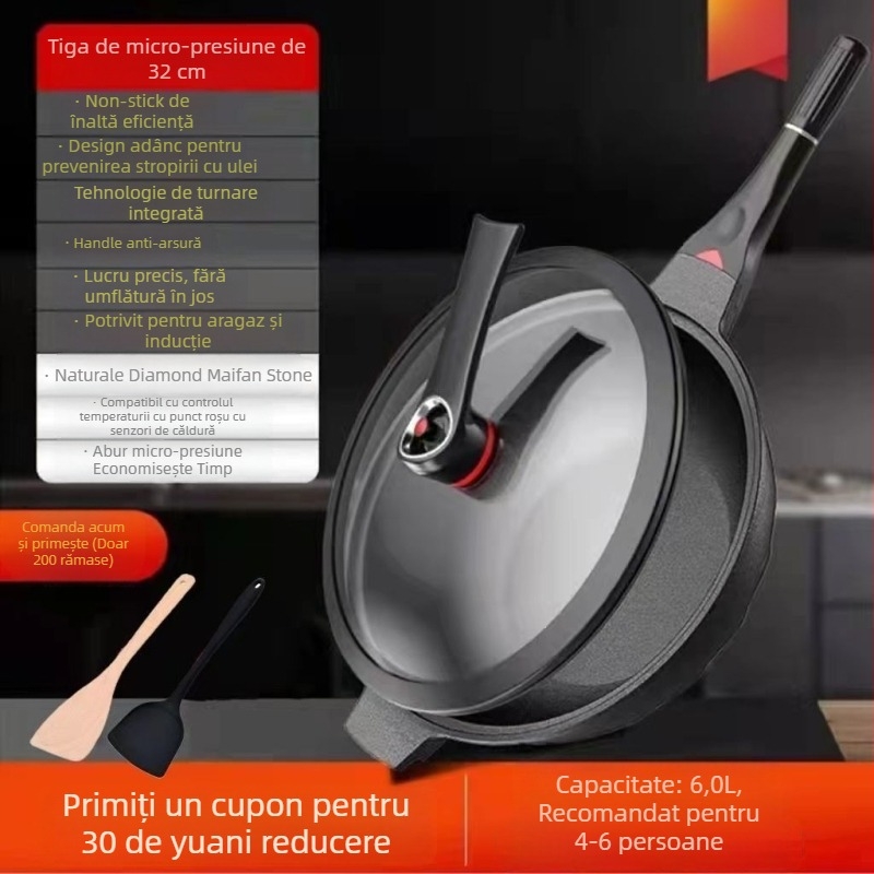 Wok din aliaj de aluminiu, bază multi-strat, capac din oțel inoxidabil cu geam, compatibil cu gaz și aragaz cu inducție, model W21, greutate 1,5 kg