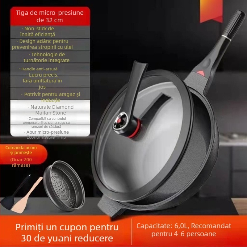 Wok din aliaj de aluminiu, bază multi-strat, capac din oțel inoxidabil cu geam, compatibil cu gaz și aragaz cu inducție, model W21, greutate 1,5 kg