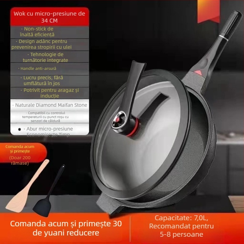 Wok din aliaj de aluminiu, bază multi-strat, capac din oțel inoxidabil cu geam, compatibil cu gaz și aragaz cu inducție, model W21, greutate 1,5 kg