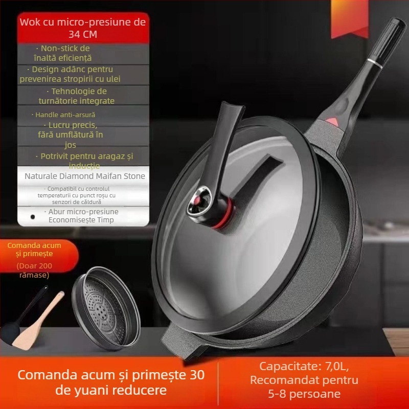 Wok din aliaj de aluminiu, bază multi-strat, capac din oțel inoxidabil cu geam, compatibil cu gaz și aragaz cu inducție, model W21, greutate 1,5 kg