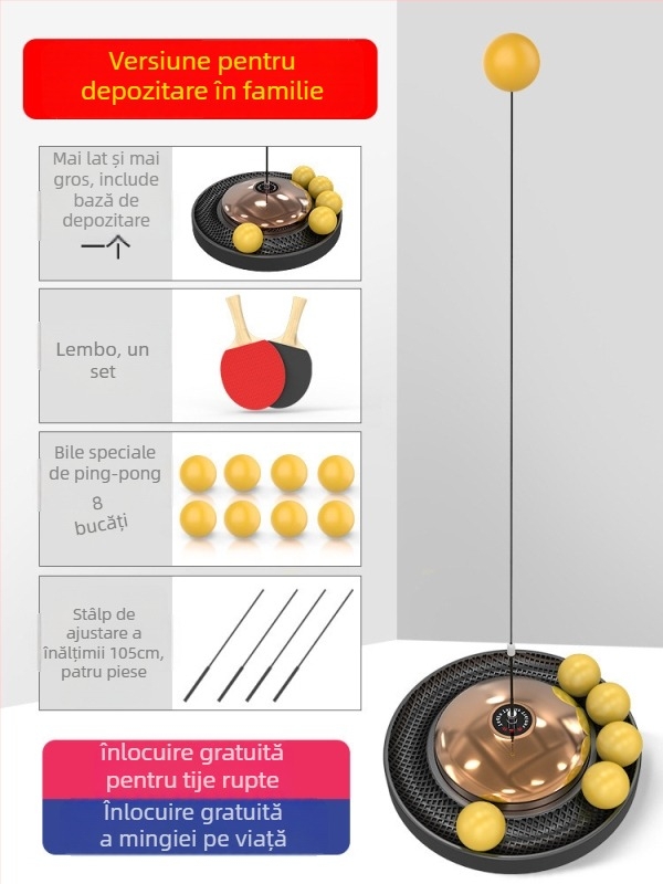 Dispozitiv de antrenament la tenis de masă pentru uz casnic – antrenament autonom, joc în familie, 3–5 ani, versiune pentru adulți