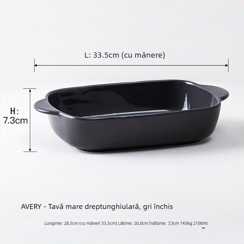 Tavă ceramică dreptunghiulară pentru cuptor, cu mânere duble, compatibilă cu microunde