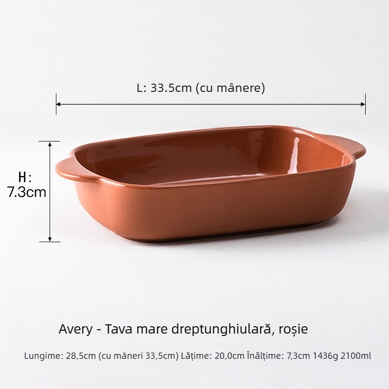 Tavă ceramică dreptunghiulară pentru cuptor, cu mânere duble, compatibilă cu microunde
