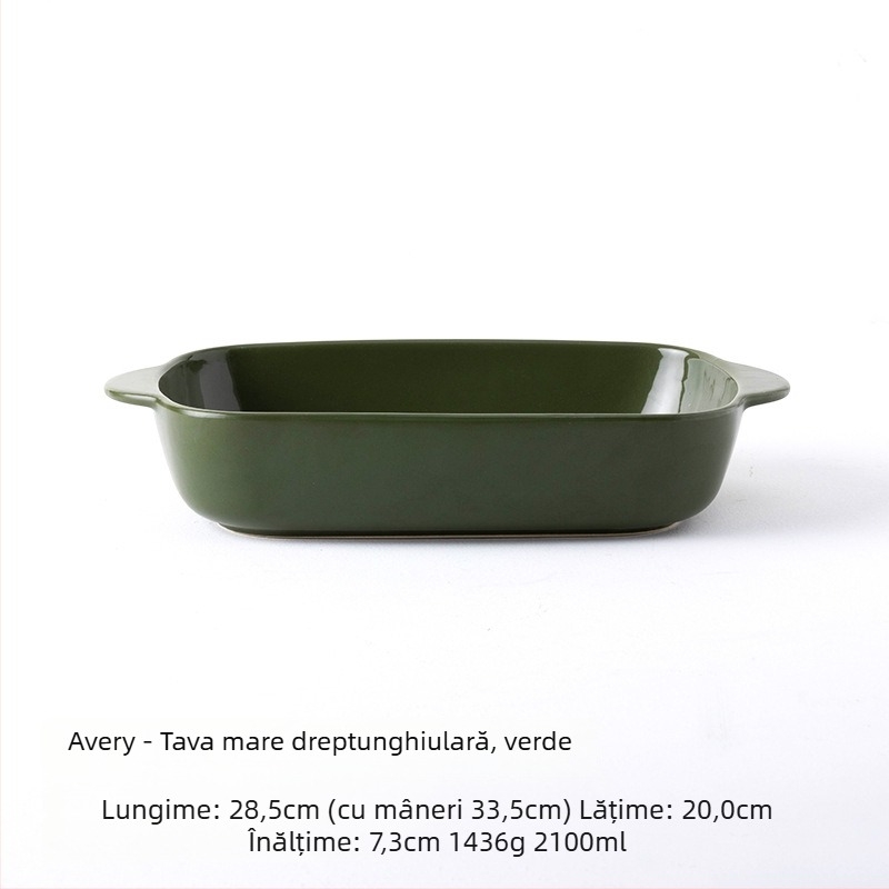 Tavă ceramică dreptunghiulară pentru cuptor, cu mânere duble, compatibilă cu microunde