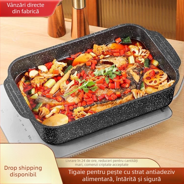 Tigaie gril pentru pește, pătrată, din oțel-carbon, design îngroșat, strat antiaderent, compatibil cu plitele cu inducție