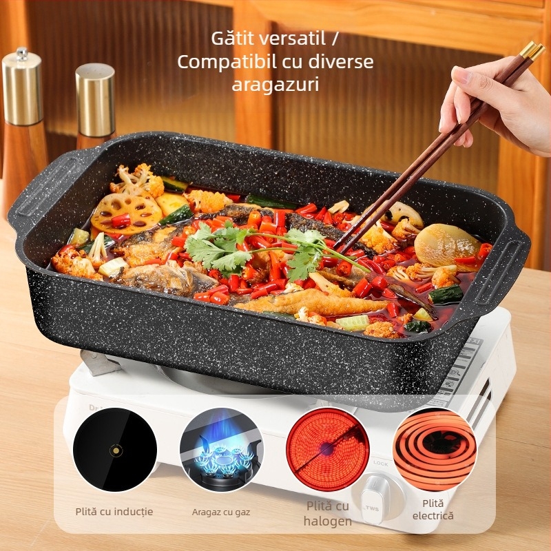 Tigaie gril pentru pește, pătrată, din oțel-carbon, design îngroșat, strat antiaderent, compatibil cu plitele cu inducție