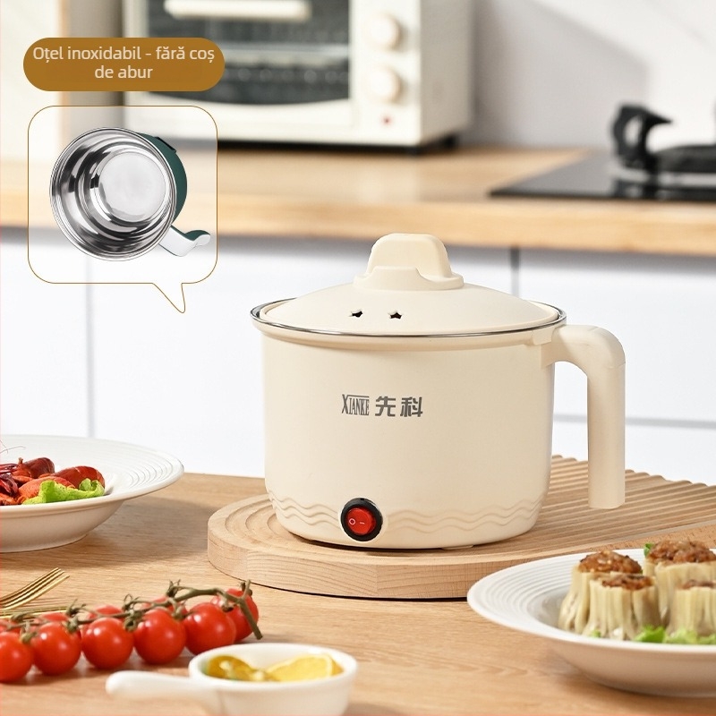 Oală electrică multifuncțională pentru gătit, vas interior din oțel inoxidabil, capacitate 1–2 L, până la 800 W, funcții: abur, gătire, fiere, oală fierbinte