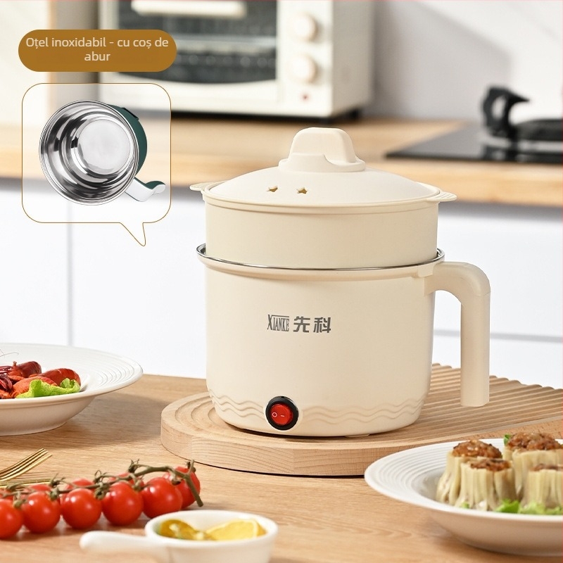 Oală electrică multifuncțională pentru gătit, vas interior din oțel inoxidabil, capacitate 1–2 L, până la 800 W, funcții: abur, gătire, fiere, oală fierbinte