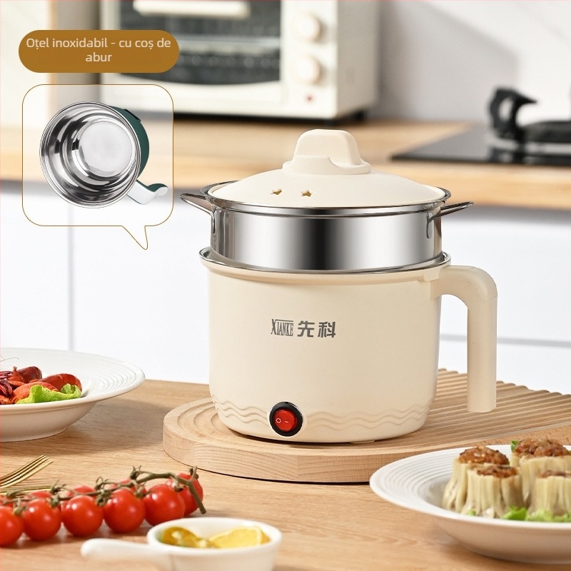 Oală electrică multifuncțională pentru gătit, vas interior din oțel inoxidabil, capacitate 1–2 L, până la 800 W, funcții: abur, gătire, fiere, oală fierbinte