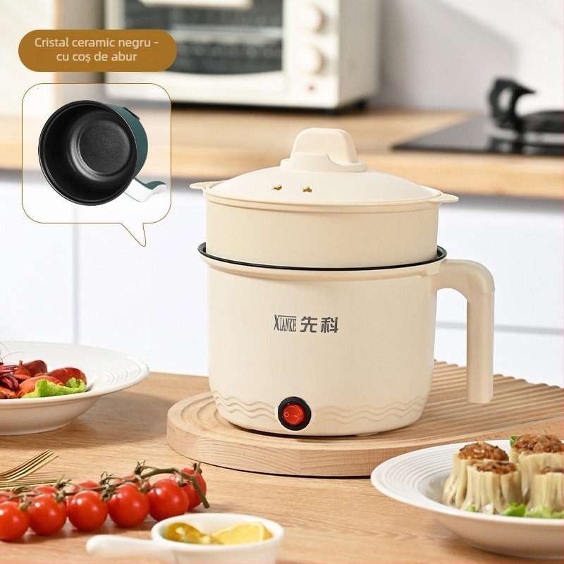 Oală electrică multifuncțională pentru gătit, vas interior din oțel inoxidabil, capacitate 1–2 L, până la 800 W, funcții: abur, gătire, fiere, oală fierbinte
