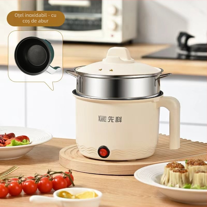 Oală electrică multifuncțională pentru gătit, vas interior din oțel inoxidabil, capacitate 1–2 L, până la 800 W, funcții: abur, gătire, fiere, oală fierbinte