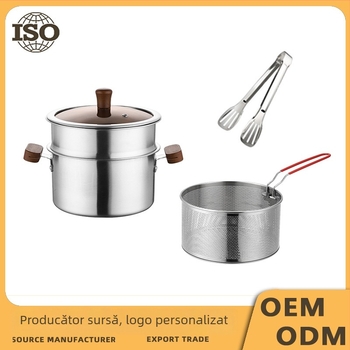 Oală multifuncțională din oțel inoxidabil 304 pentru uz casnic – prăjire și gătire la aburi, cu mâneri duble și capac din sticlă temperată, fund simplu