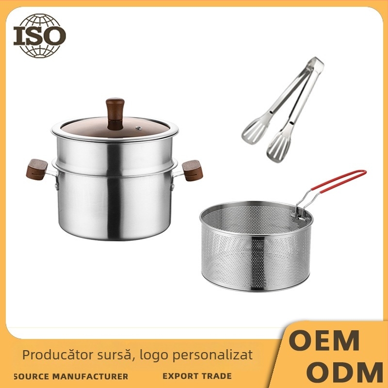 Oală multifuncțională din oțel inoxidabil 304 pentru uz casnic – prăjire și gătire la aburi, cu mâneri duble și capac din sticlă temperată, fund simplu