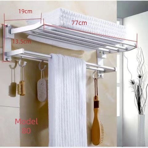 Suport pentru prosoape de baie din aluminiu, cu două niveluri, finisaj lucios și raft pliabil