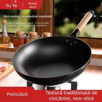 Tigaie wok cu fund plat ciocnit, corp din fier forjat, fund din oțel carbon, compatibil cu plitele cu inducție și gaz, ușor de curățat