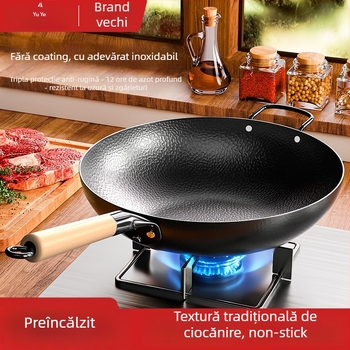 Tigaie wok cu fund plat ciocnit, corp din fier forjat, fund din oțel carbon, compatibil cu plitele cu inducție și gaz, ușor de curățat