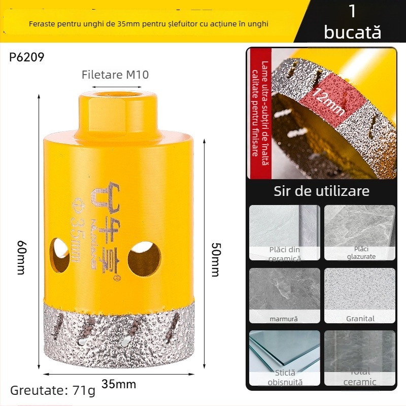 Deschizător de găuri pentru polizor unghiular pentru plăci ceramice și sticlă — ultra-subțire, cu mai multe găuri, deschidere lată, găurire uscată