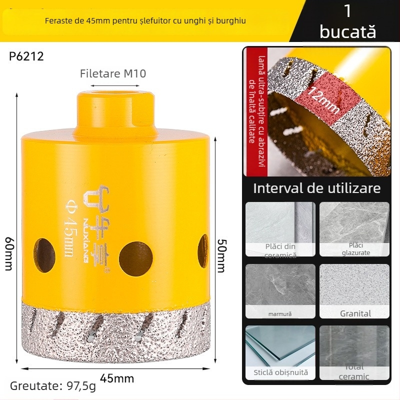 Deschizător de găuri pentru polizor unghiular pentru plăci ceramice și sticlă — ultra-subțire, cu mai multe găuri, deschidere lată, găurire uscată