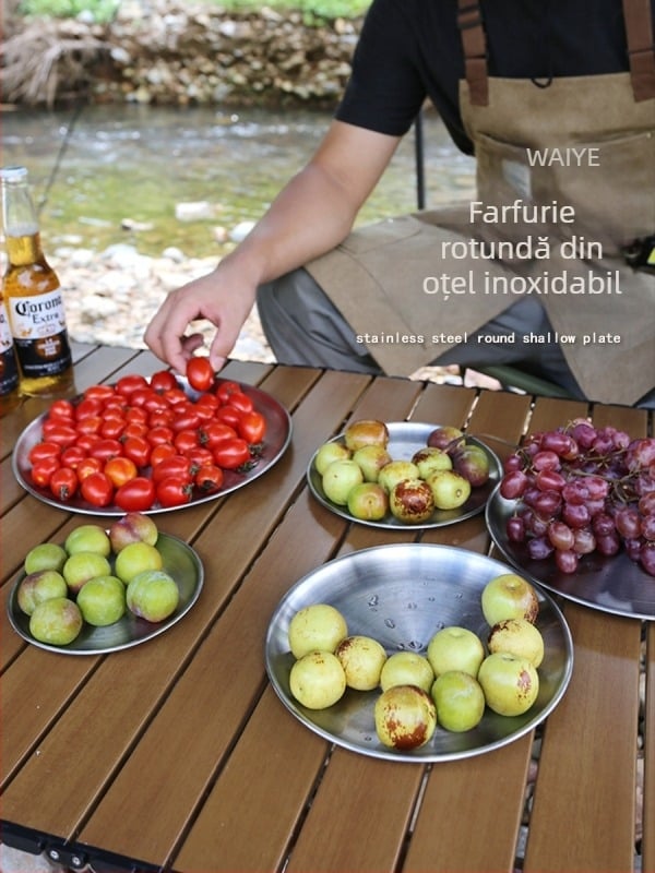 Set de 5 farfurii din oțel inoxidabil pentru picnic în aer liber – farfurii circulare, plate, portabile, rezistente la căldură