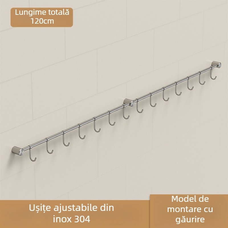 Raft pentru tacâmuri din oțel inoxidabil, finisaj șlefuit – montaj pe perete, cu bară unică