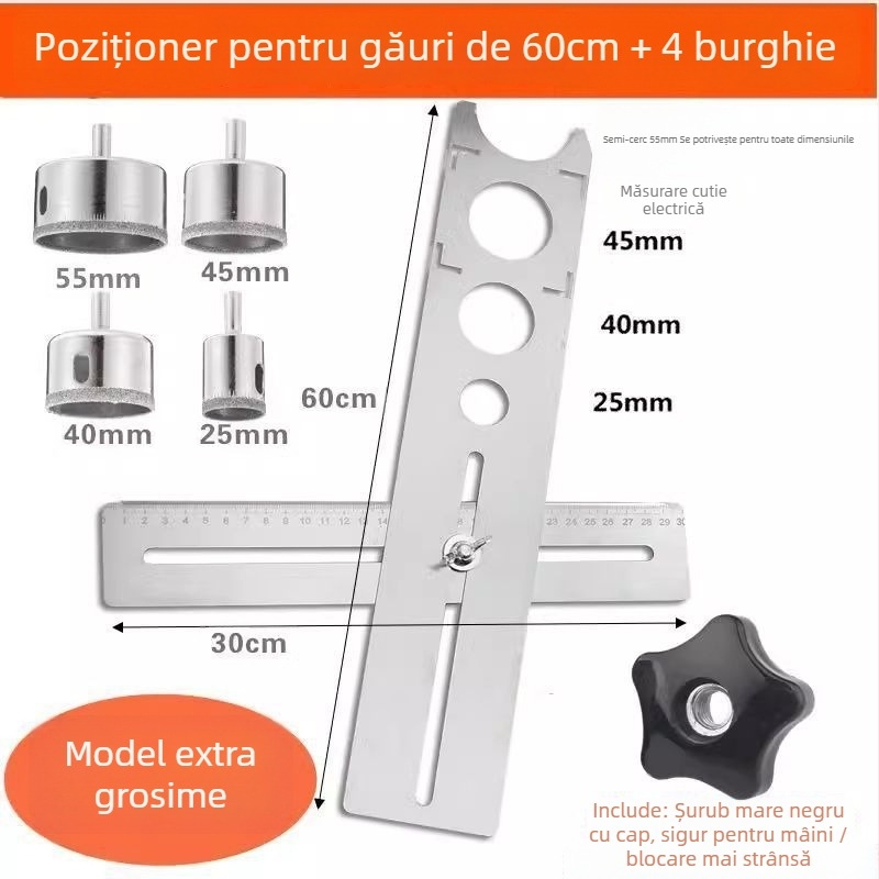 Instrument universal pentru deschiderea găurilor în plăci și riglă de localizare a găurilor pentru zidărie