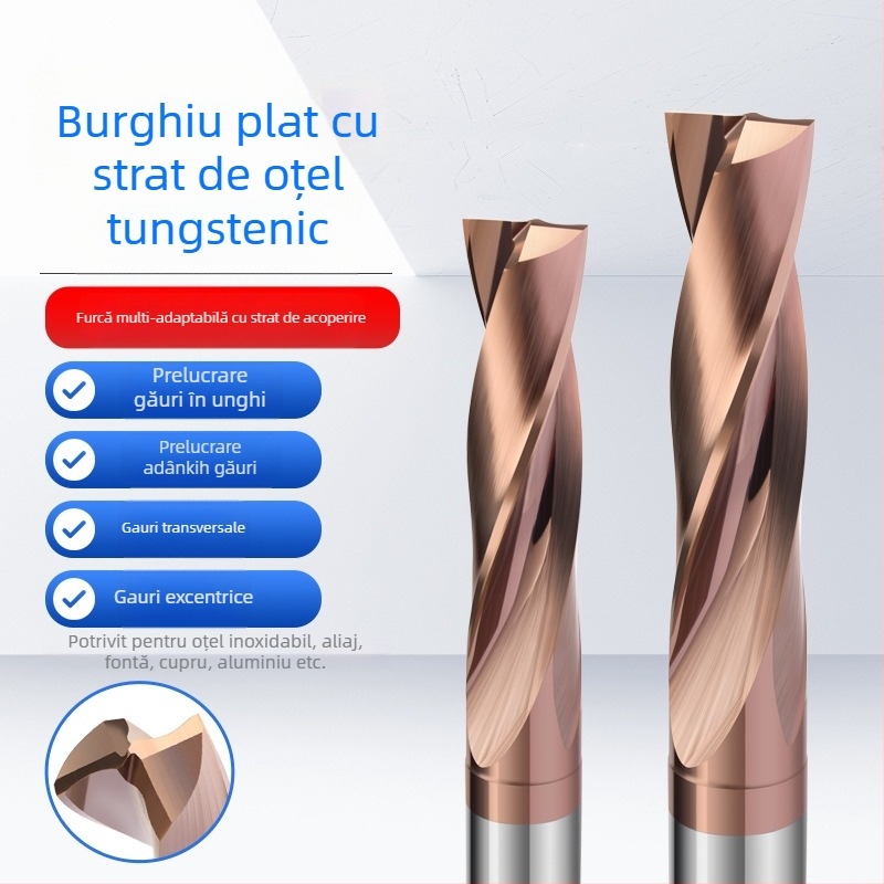 Burghiu cu vârf plat din oțel wolfram cu acoperire din carbură, bază plată, geometrie 180°