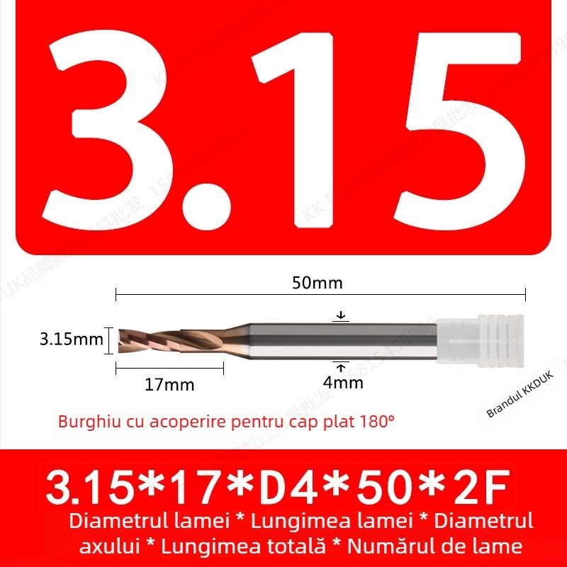 Burghiu cu vârf plat din oțel wolfram cu acoperire din carbură, bază plată, geometrie 180°