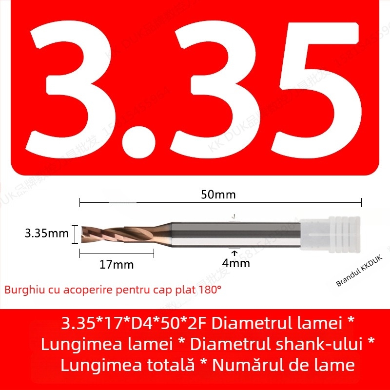 Burghiu cu vârf plat din oțel wolfram cu acoperire din carbură, bază plată, geometrie 180°