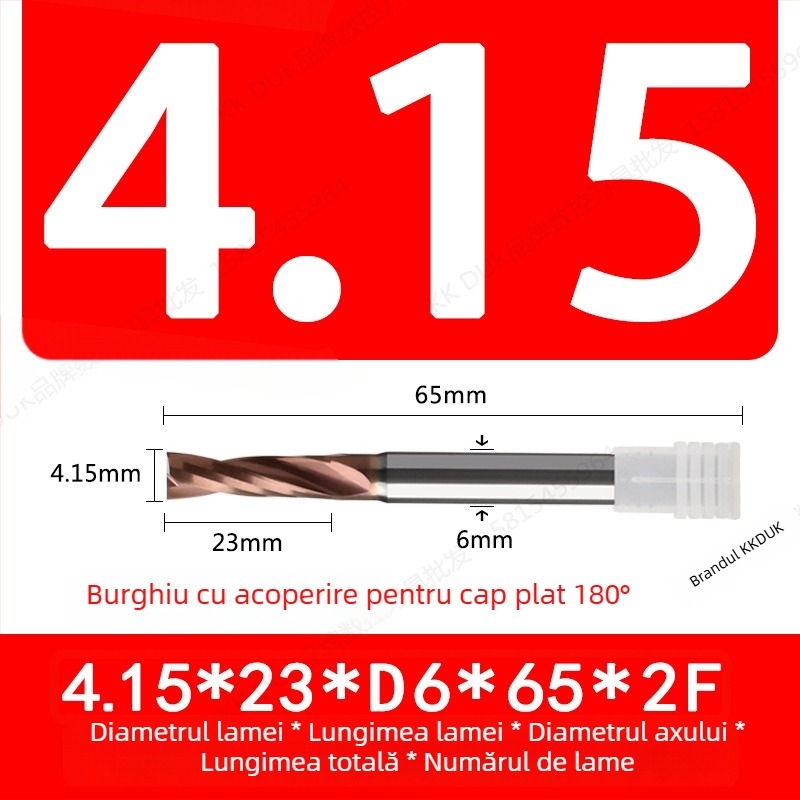 Burghiu cu vârf plat din oțel wolfram cu acoperire din carbură, bază plată, geometrie 180°