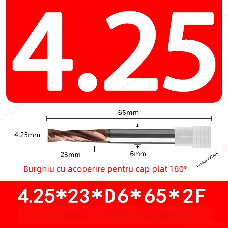 Burghiu cu vârf plat din oțel wolfram cu acoperire din carbură, bază plată, geometrie 180°