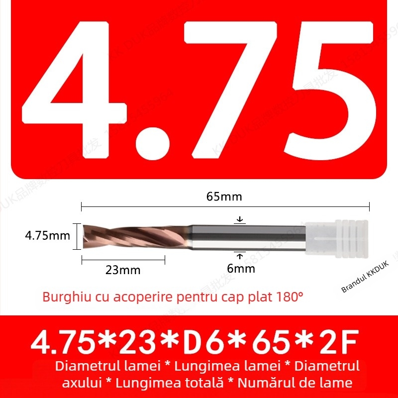 Burghiu cu vârf plat din oțel wolfram cu acoperire din carbură, bază plată, geometrie 180°
