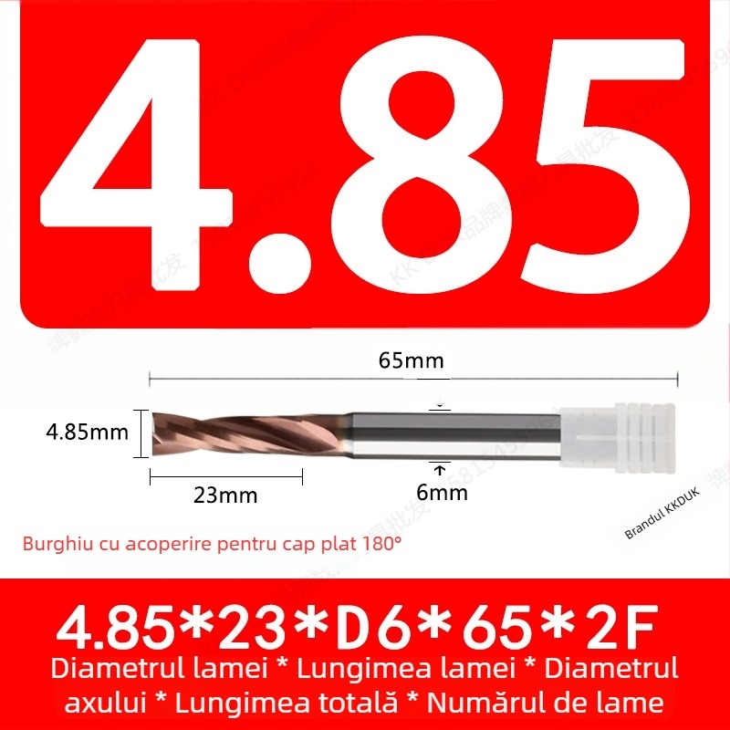 Burghiu cu vârf plat din oțel wolfram cu acoperire din carbură, bază plată, geometrie 180°