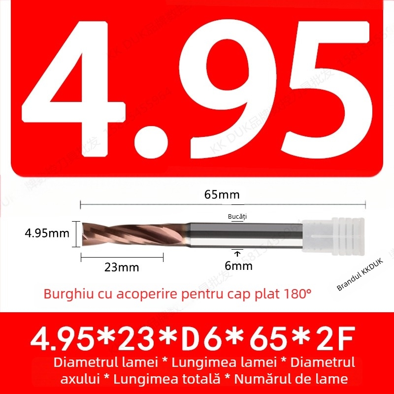 Burghiu cu vârf plat din oțel wolfram cu acoperire din carbură, bază plată, geometrie 180°