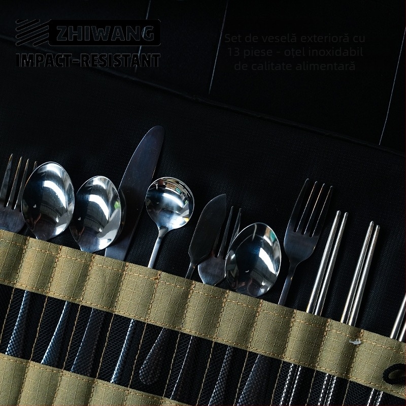 Set de tacâmuri din oțel inoxidabil, 14 piese, cu husă de depozitare, pentru camping, grătar și călătorii — cuțit, furculiță, lingură și bețișoare