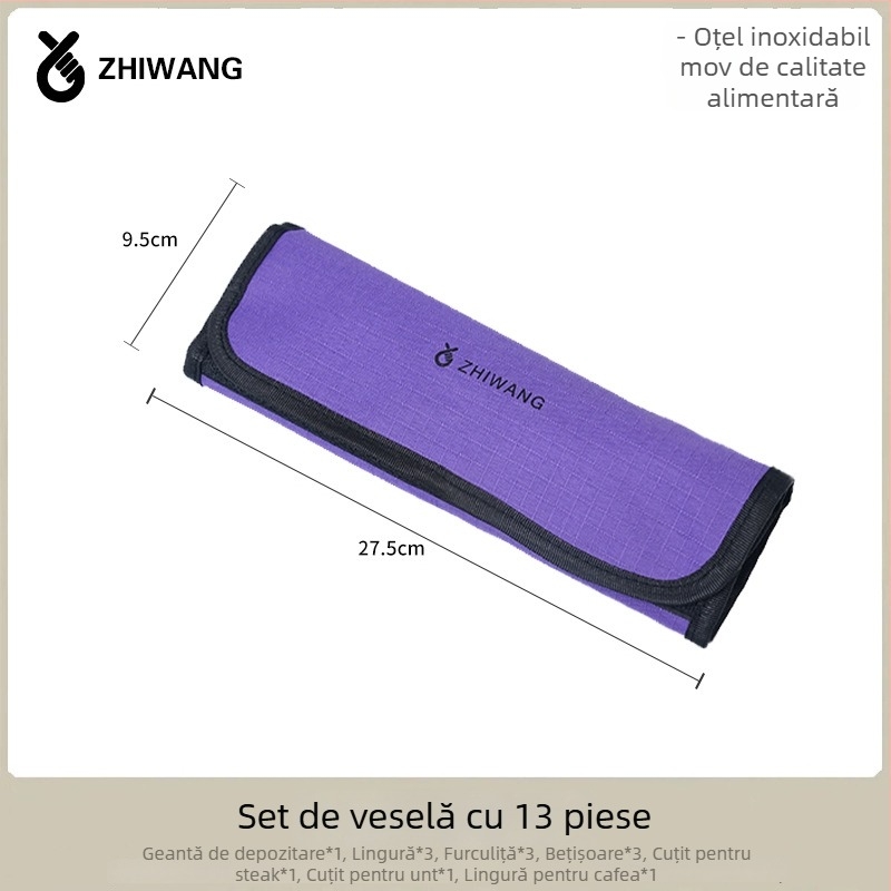 Set de tacâmuri din oțel inoxidabil, 14 piese, cu husă de depozitare, pentru camping, grătar și călătorii — cuțit, furculiță, lingură și bețișoare