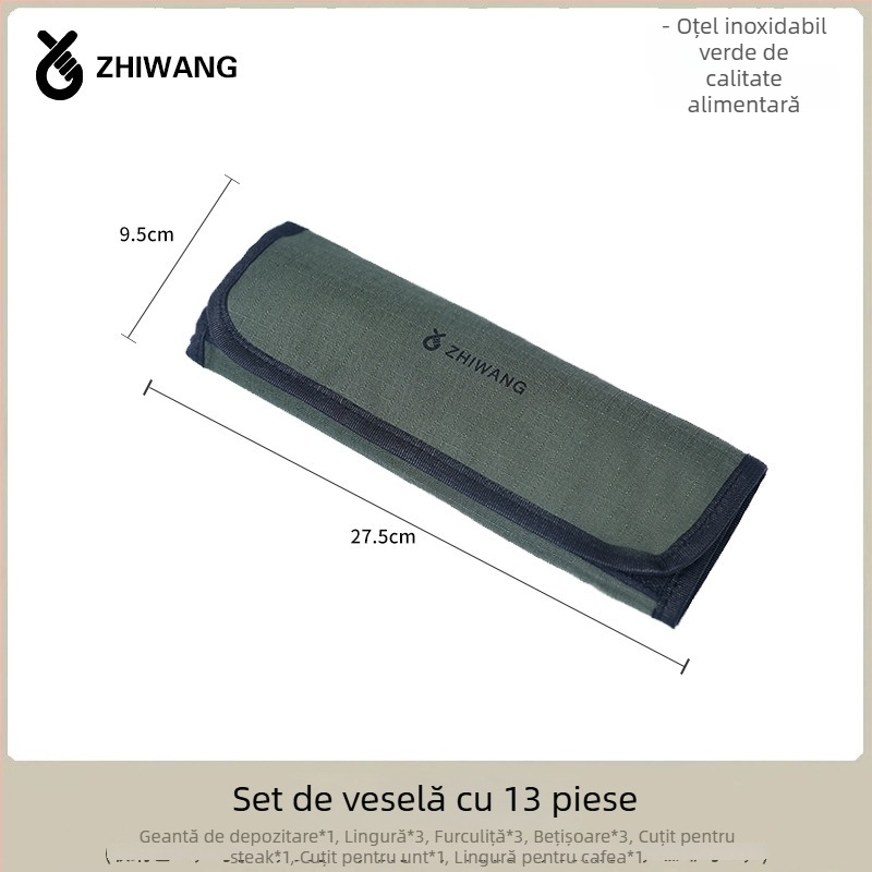 Set de tacâmuri din oțel inoxidabil, 14 piese, cu husă de depozitare, pentru camping, grătar și călătorii — cuțit, furculiță, lingură și bețișoare