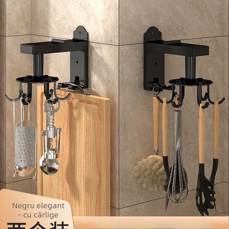 Suport de bucătărie montat pe perete, cârlig rotativ pentru spatule și linguri, multifuncțional fără găuri, cu 3+ rânduri de cârlige, capacitate 5–10 kg, materiale ABS/otel carbon/aluminiu
