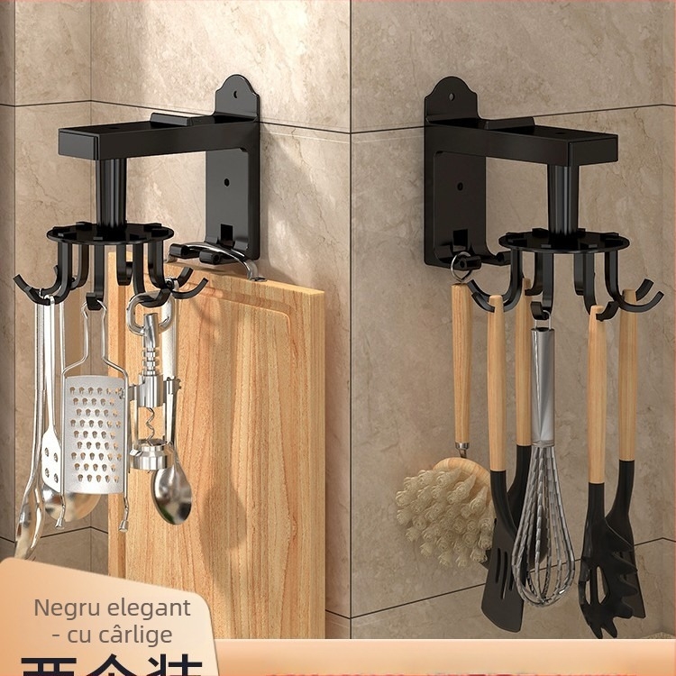 Suport de bucătărie montat pe perete, cârlig rotativ pentru spatule și linguri, multifuncțional fără găuri, cu 3+ rânduri de cârlige, capacitate 5–10 kg, materiale ABS/otel carbon/aluminiu