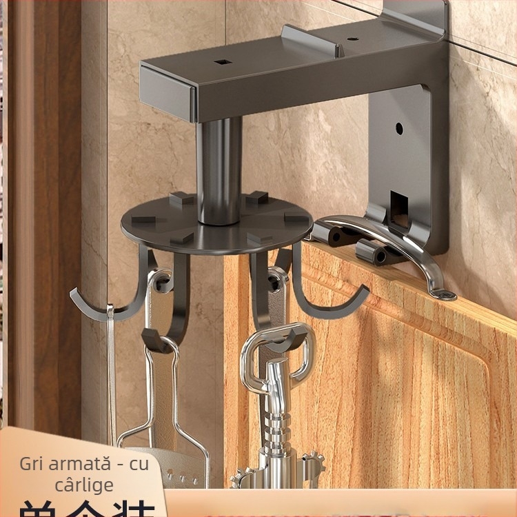 Suport de bucătărie montat pe perete, cârlig rotativ pentru spatule și linguri, multifuncțional fără găuri, cu 3+ rânduri de cârlige, capacitate 5–10 kg, materiale ABS/otel carbon/aluminiu
