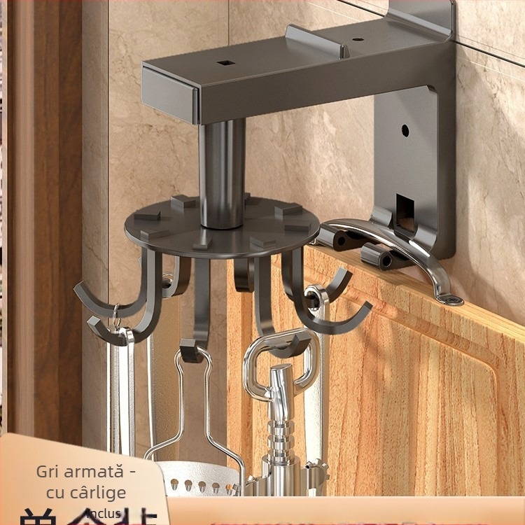 Suport de bucătărie montat pe perete, cârlig rotativ pentru spatule și linguri, multifuncțional fără găuri, cu 3+ rânduri de cârlige, capacitate 5–10 kg, materiale ABS/otel carbon/aluminiu