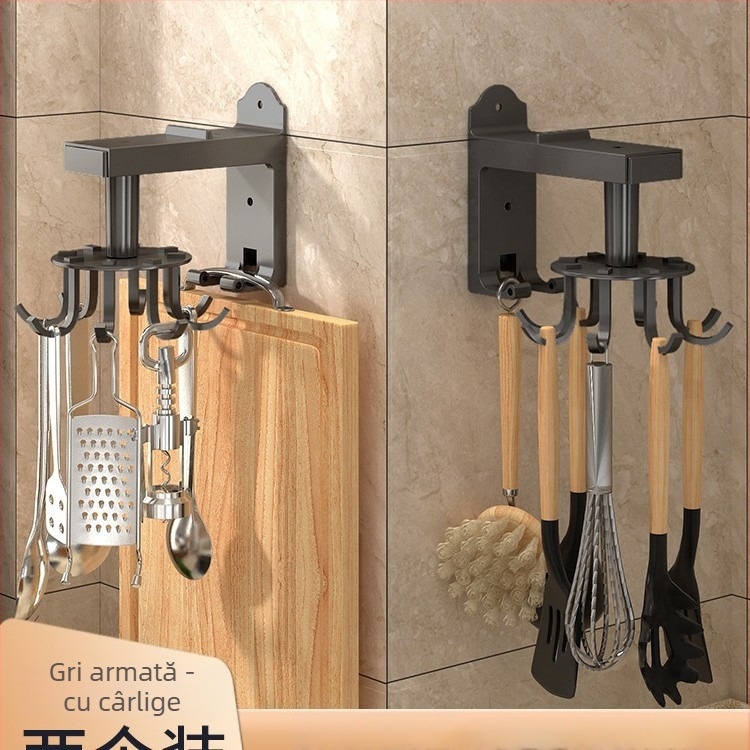 Suport de bucătărie montat pe perete, cârlig rotativ pentru spatule și linguri, multifuncțional fără găuri, cu 3+ rânduri de cârlige, capacitate 5–10 kg, materiale ABS/otel carbon/aluminiu
