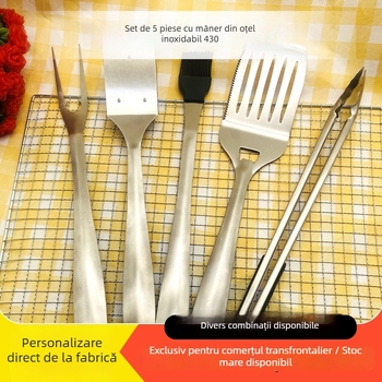 Set de 5 unelte pentru grătar din oțel inoxidabil pentru exterior: clemă, perie, furculiță, lopățică